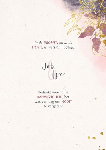 Bedankkaart stijlvol met foto, waterverf en gouden bloemen 3