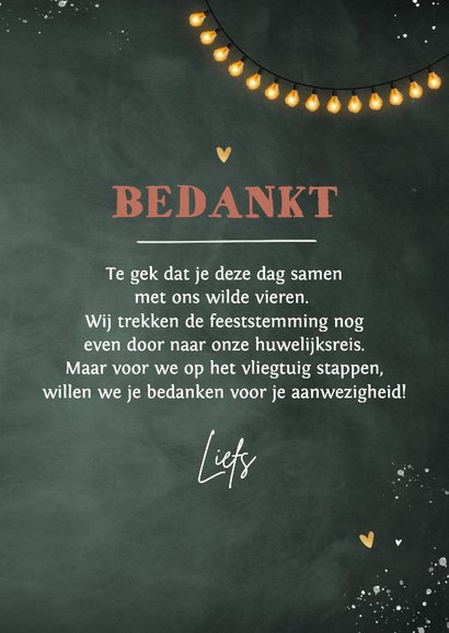 Bedankkaart trouwen houten wegwijzers lampjes krijt 3
