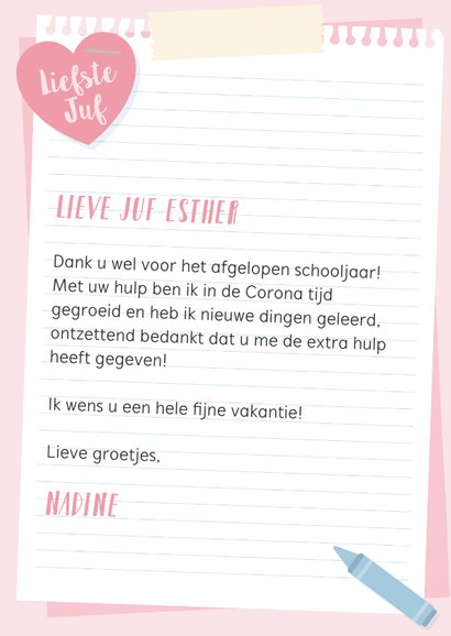 Bedankkaart voor de juf van 'onbeschrijflijk' leuk jaar. 3