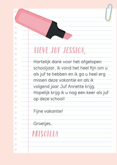 Bedankkaart voor de juf voor een 'memorabel' schooljaar. 3