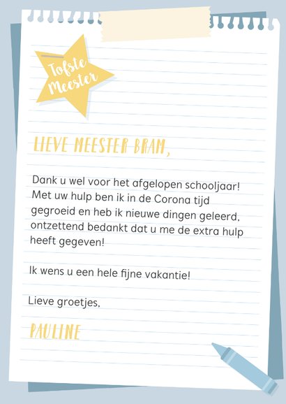 Bedankkaart voor de meester van 'onbeschrijflijk' leuk jaar. 3