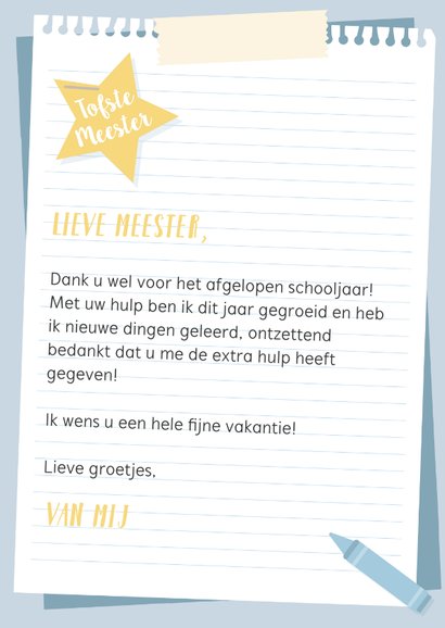 Bedankkaart voor de meester van 'onbeschrijflijk' leuk jaar 3
