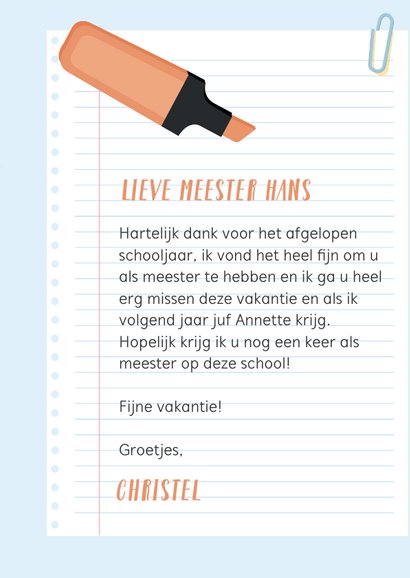 Bedankkaart voor de meester voor een 'memorabel' schooljaar. 3