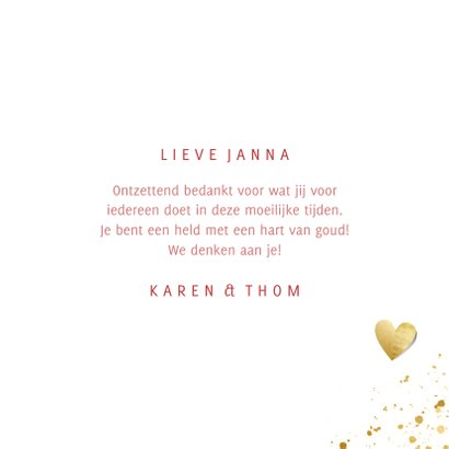 Bedankkaart vrouw hart van goud met spetters en waterverf 3