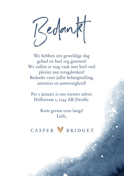 Bedankkaartje bruiloft verf inkt blauw met goudaccent hartje 3