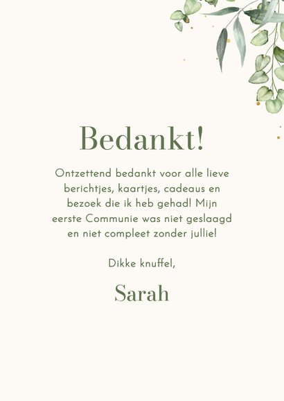 Bedankkaartje communie eucalyptus goud 2 foto's 3