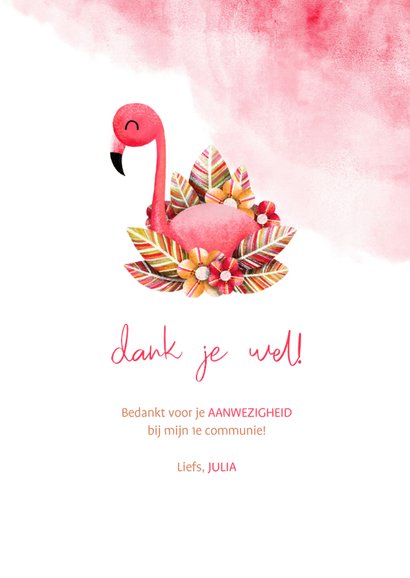 Bedankkaartje communie flamingo met waterverf 3