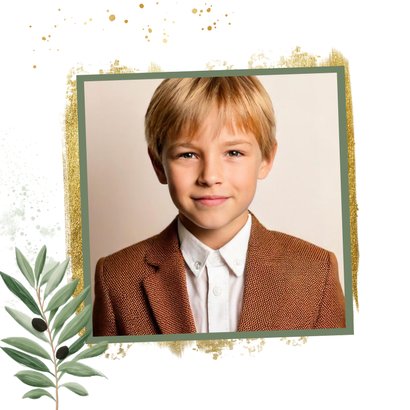 Bedankkaartje communie goud olijftakjes fotostrip 2