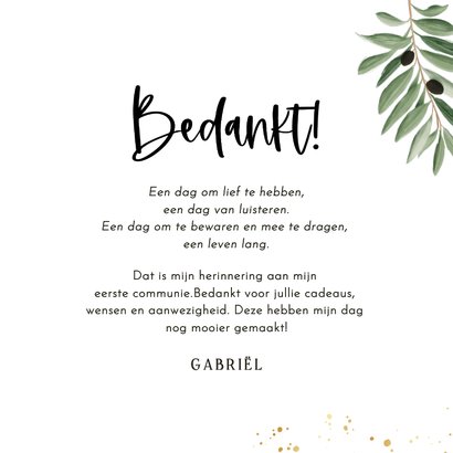 Bedankkaartje communie goud olijftakjes fotostrip 3