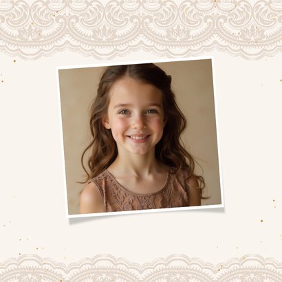 Bedankkaartje communie met beige kant en gouden spetters 2