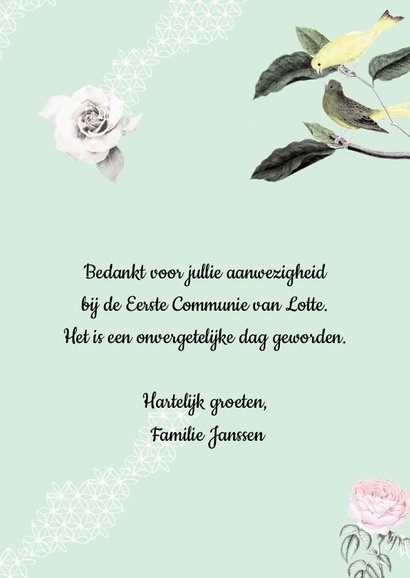 Bedankkaartje Eerst Communie met vrolijke vogeltjes 3