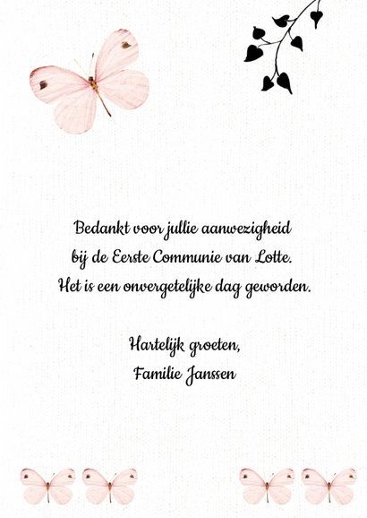 Bedankkaartje Eerste Communie met lieve roze vlinders 3