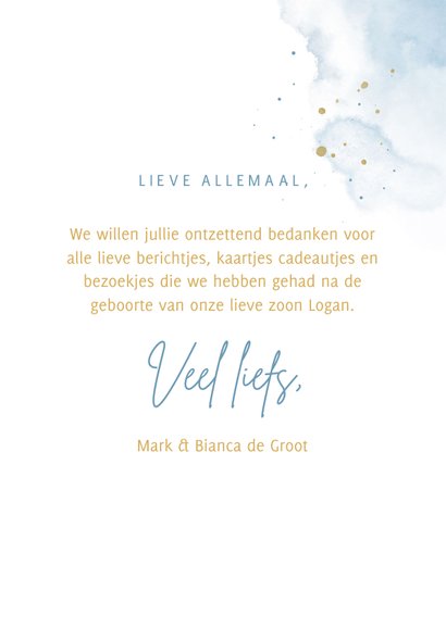 Bedankkaartje foto in hartjesvorm blauwe aquarel grote naam 3