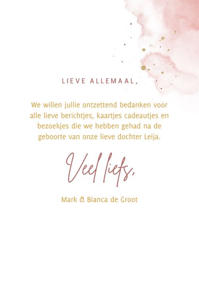 Bedankkaartje foto in hartjesvorm roze aquarel grote naam 3