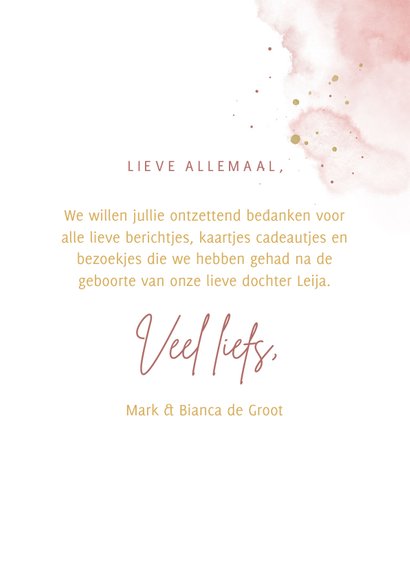 Bedankkaartje foto in hartjesvorm roze aquarel grote naam 3