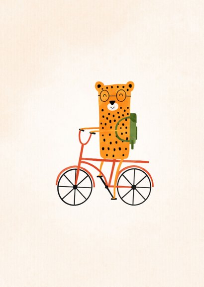Bedankkaartje meester luipaardje op fiets met foto 2