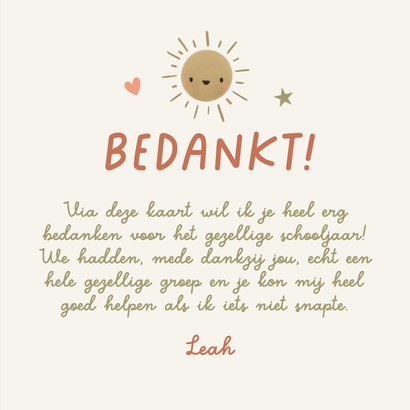 Bedankkaartje voor je juf met schoolspullen en naam 3