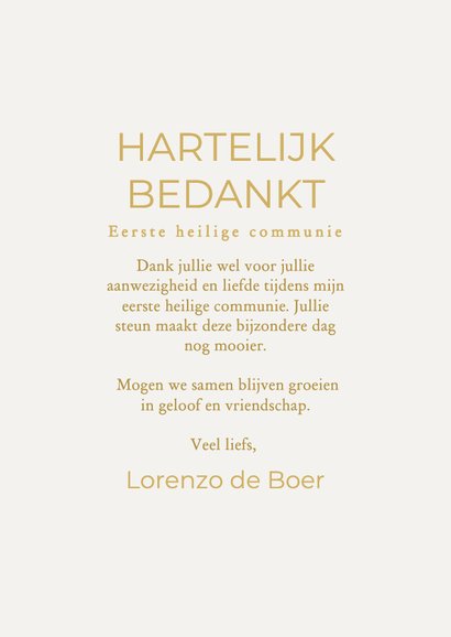 Beige communiekaart bedankt met foto's en gouden kerkje 3