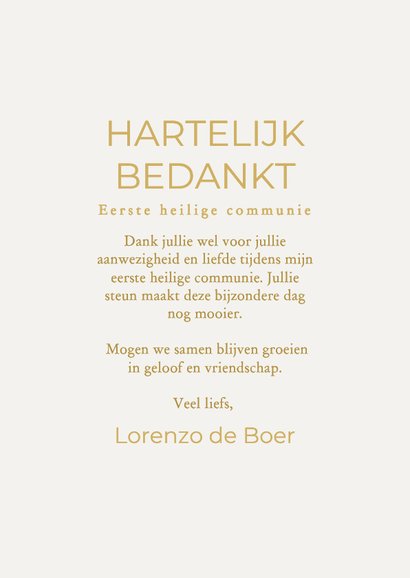 Beige communiekaart bedankt met foto's en gouden kerkje 3