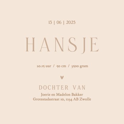 Beige geboortekaartje lief gans met strik meisje klassiek 3