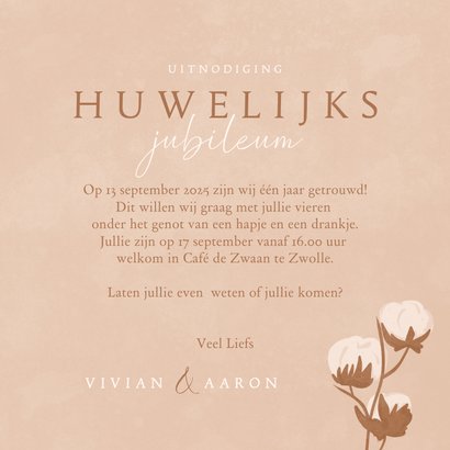 Beige jubileumkaart met katoen takjes huwelijksjubileum 3