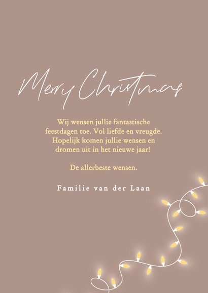 Beige kerstkaart met kerstlampjes en foto 3