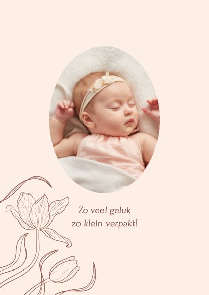 Beige klassiek geboortekaartje foto met vintage tulpen 2
