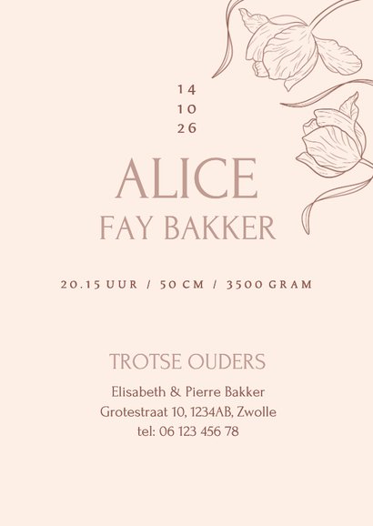 Beige klassiek geboortekaartje foto met vintage tulpen 3