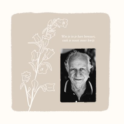 Beige rouwkaart bedankt met lijntekening bloem 2