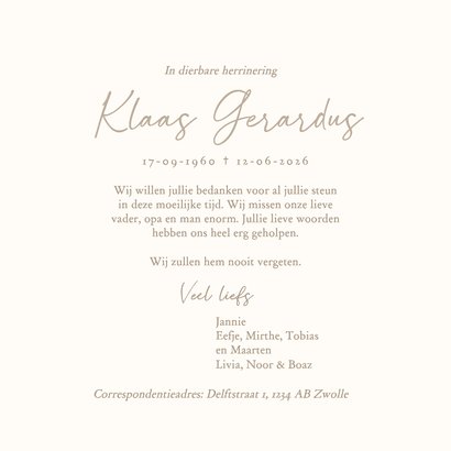 Beige rouwkaart bedankt met lijntekening bloem 3