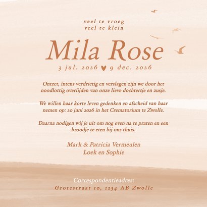 Beige rouwkaartje kind met vogels en waterverf 3