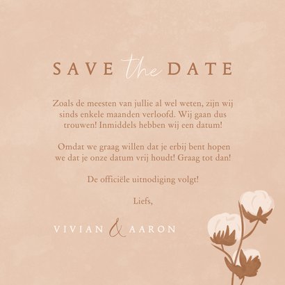 Beige save the date kaart met katoentakje en kalender 3