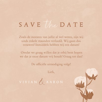 Beige save the date kaart met katoentakje en kalender 3