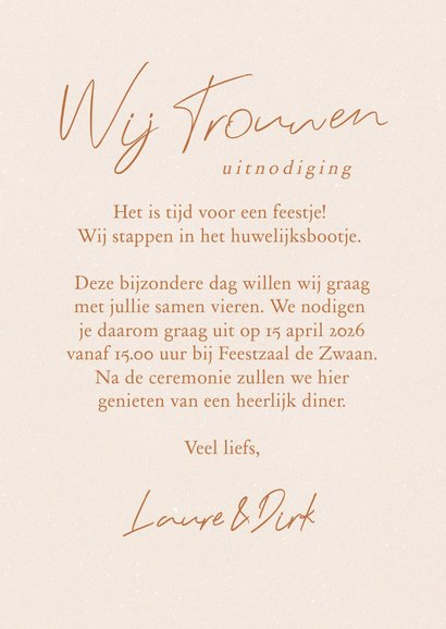 Beige trouwkaart met lijnillustratie bruidspaar in koper 3
