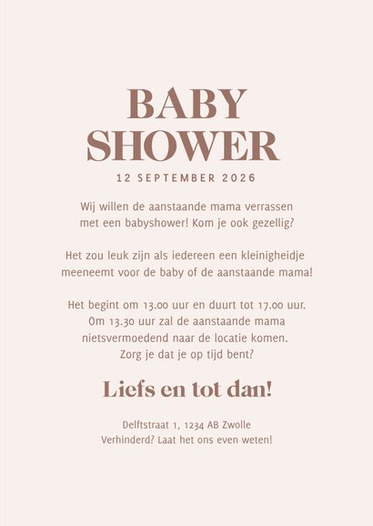 Beige uitnodiging babyshower met bloemenpatroon en foto 3