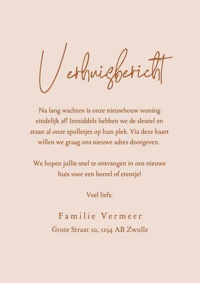 Beige verhuiskaartje met huisje en bloemen nieuwe woning 3