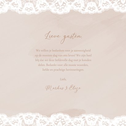 Beige waterverf bedankkaart met kant en witte typografie 3