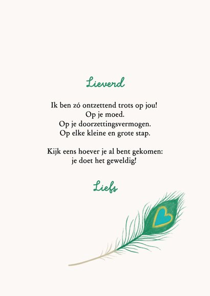 Bemoedigende wenskaart meisje met pauwenveer 3