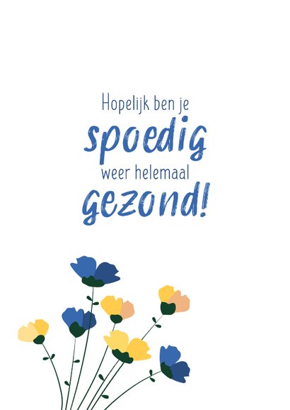 Beterschapskaart boeket gele en blauwe bloemen met naamlabel 2