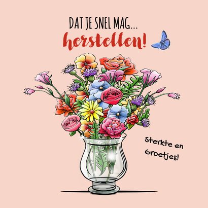 Beterschapskaart muisje met grote glazen vaas bloemen 3