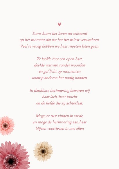 Bidprent herinneringskaart foto gerbera bloemen kleurrijk 2