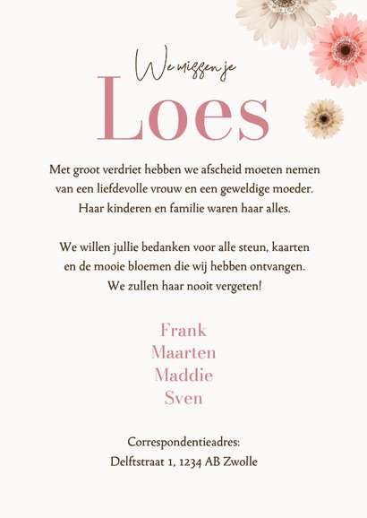 Bidprent herinneringskaart foto gerbera bloemen kleurrijk 3