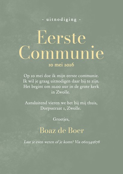 Bijzonder communiekaartje in groen met goudfolie kraanvogel 3