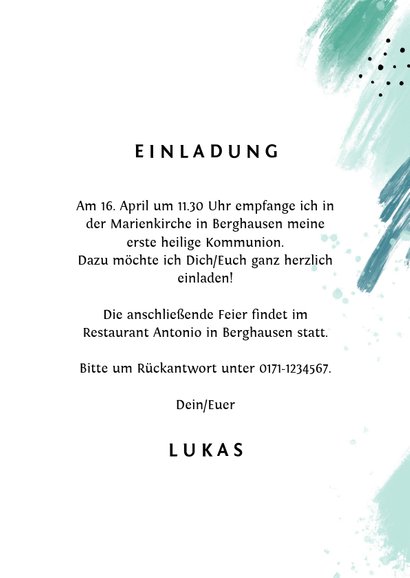 Blaugrüne Einladung zur Kommunion Foto Farbstreifen 3