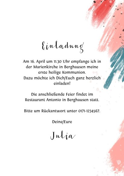 Blaurosa Einladung zur Kommunion Foto und Farbstreifen 3