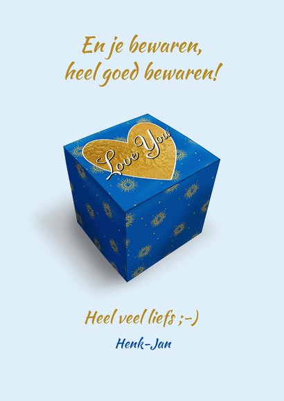 Blauw doosje met zonnetjes en tekst: Love You 3