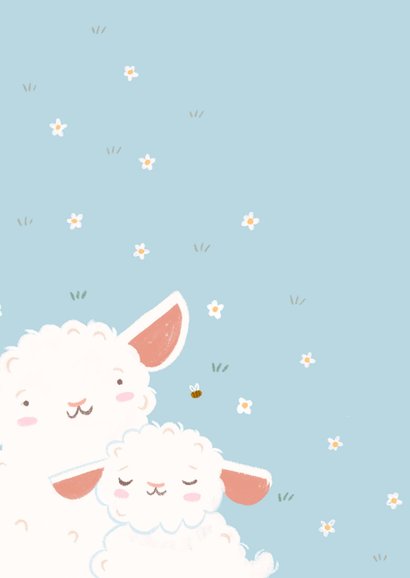Blauw felicitatiekaartje geboorte lammetje schaap bijtje 2