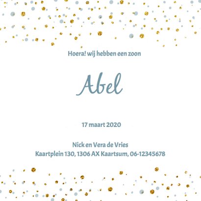 Blauw geboortekaartje goud confetti 3