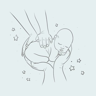 Blauw rouwkaartje voor een sterrenkindje met lijnillustratie 2