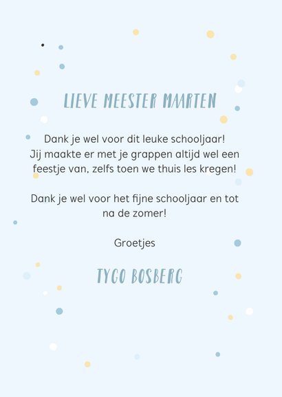 Blauwe bedankkaart voor de meester met een quote/spreuk. 3
